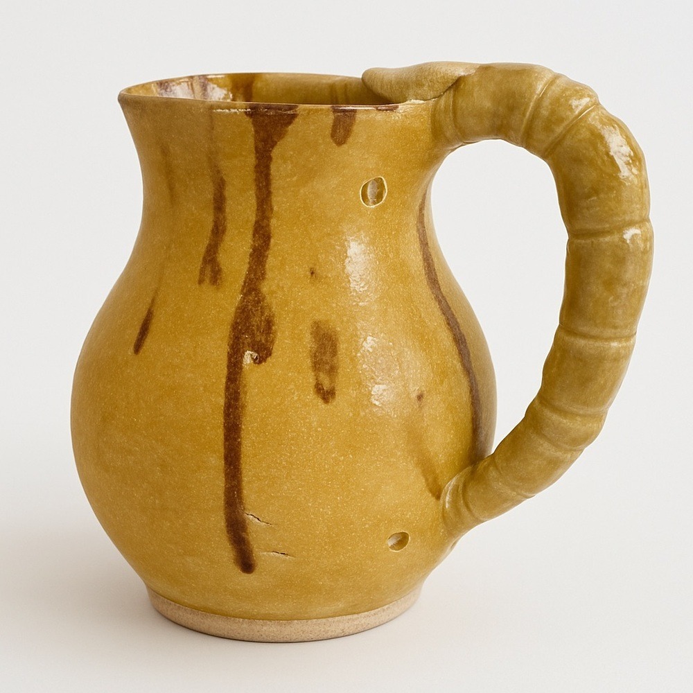 Handmade Studio PLUMPOTTERY G Yellow Brown Glaze Stoneware Pottery Pitcher Jug